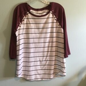 Maurices Burgundy and White/Black Striped Lace-Up Raglan Top